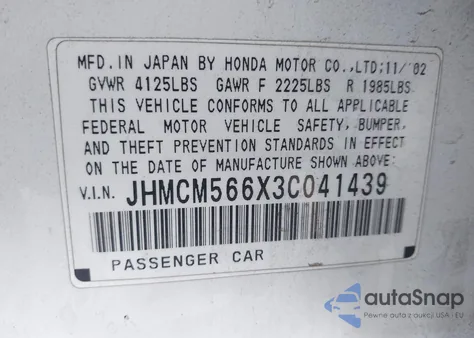 2003 Honda Accord 2.4 Ex from USA, damaged, VIN JHMCM566X3C041439